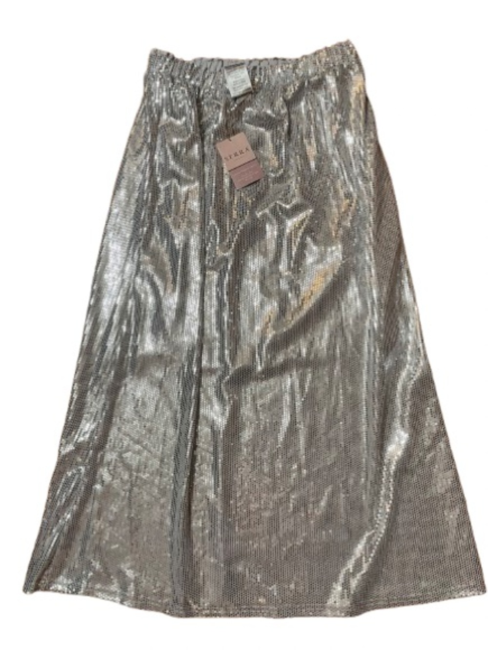 NWT Serra Metallic Silver Sequin Pull On Maxi Skirt Size Small